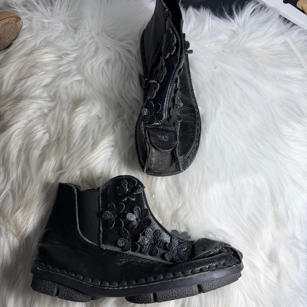 Unbranded Black Leather Floral Applique Ankle Boots Square Toe Size 39